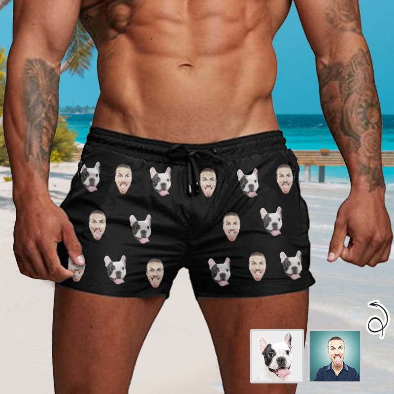 Custom Face Pet Black Men's Quick Dry Shorts Personalized Swim Trunks with Side Zipper Pocket Surfing Square Leg Board Shorts