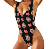 Custom Black One Piece Swimsuit Personalized Boyfriend Face&Red Heart Bathingsuit For Women