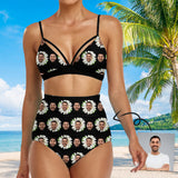 Custom Face Bikini Personalized Face Daisy Flower Black Bikini Swimsuit Bathingsuit For Women