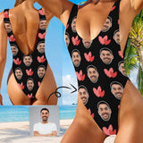 Custom Black One Piece Swimsuit Personalized Boyfriend Face&Red Heart Bathingsuit For Women