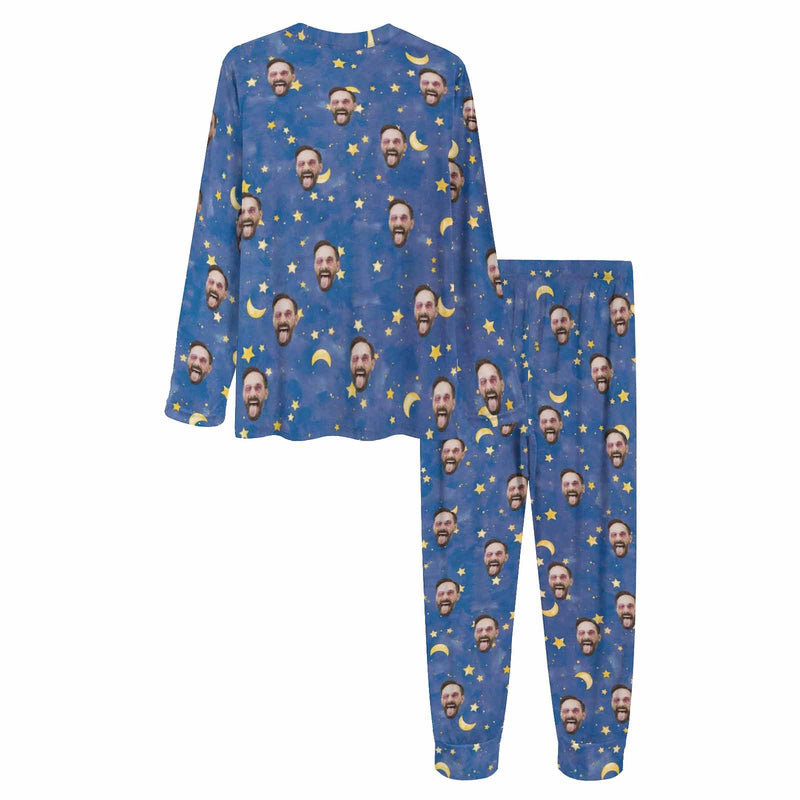 Custom Face Blue Pajamas Set Personalized Women's Crew Neck Face Long Sleeve Pajamas