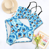 Personalized Face Women's Cutout One Piece Swimsuit Custom Blue&White Circle Cross Strap Backless Bathingsuit