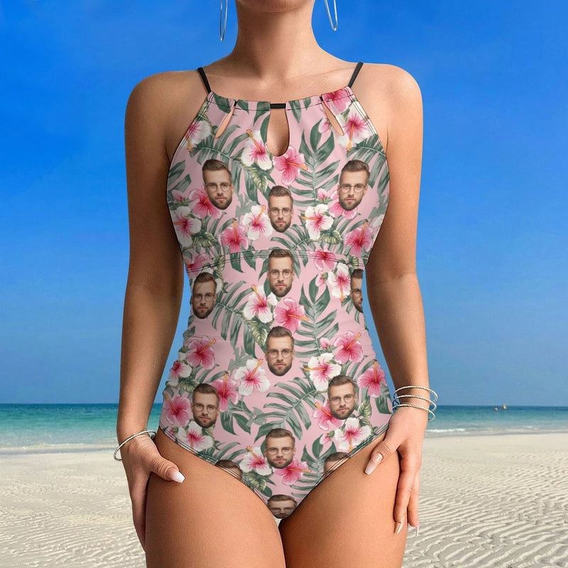 Custom Face Swimsuit Personalized Pink Flower One Piece Swimsuit Slip Backless Bathingsuit