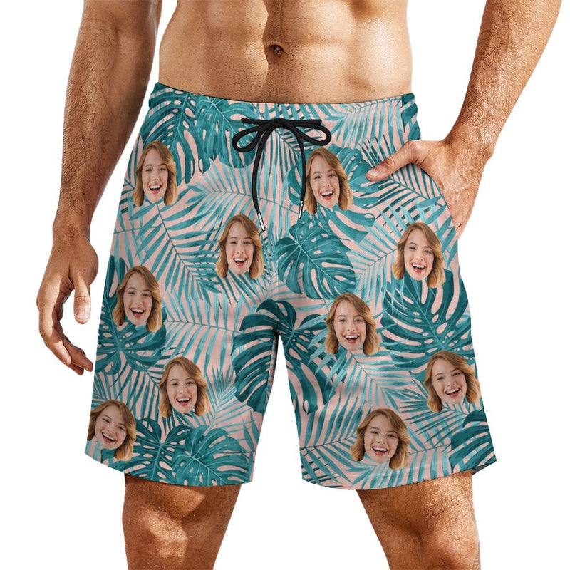 Personalized Face Swim Trunks Custom Face On Leaves Quick Dry Men's Swim Shorts