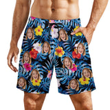 Personalized Face Swim Trunks Custom Face Blue Leaves Black Background Quick Dry Men's Swim Shorts