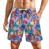 Personalized Face Swim Trunks Custom Face Colorful Flowers Pink Background Quick Dry Men's Swim Shorts