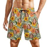 Personalized Face Swim Trunks Custom Face Yellow Flowers Quick Dry Men's Swim Shorts