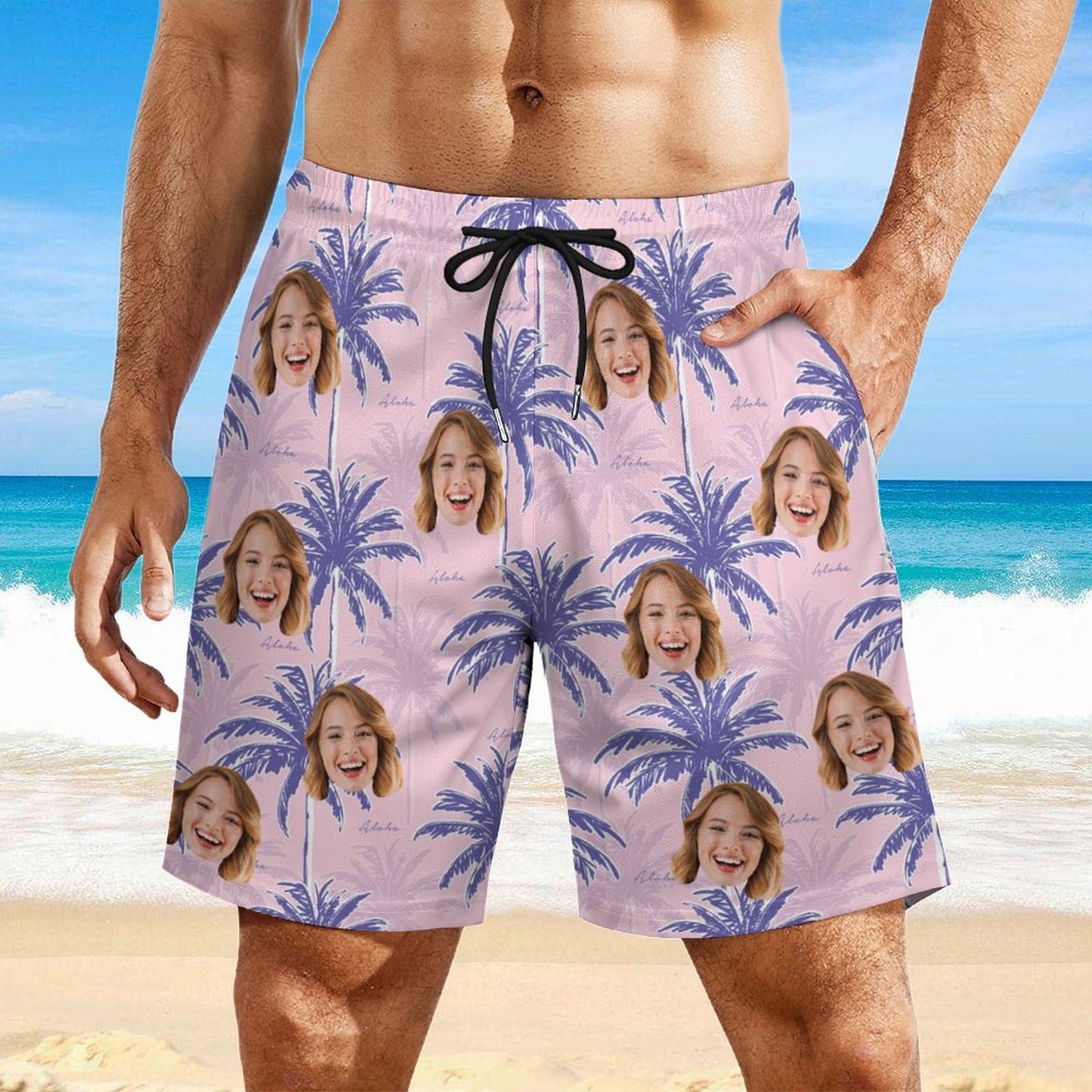 Personalized Face Swim Trunks Custom Face Coconut Tree Quick Dry Men's Swim Shorts