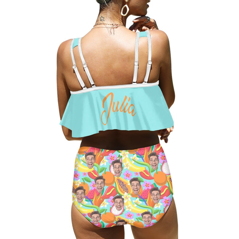 Custom Face Tankinis Personalized Face Women's High Waisted Face On Swimsuit Ruffled Bathing Suits