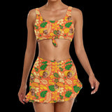 Custom Boyfriend Face Bikini Personalized Flower and Leaves Orange Face Swimsuit For Women