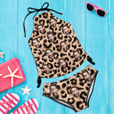 Custom Face Leopard Womens Swimsuit Tankini Top Sets Two Piece Bathing Suit with Tie Side