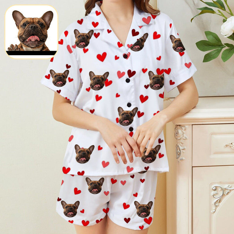 Custom Face White Pajama Set Loungewear Personalized Photo Sleepwear Women's V-Neck Short Pajama Set