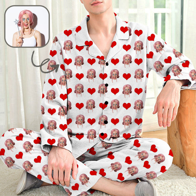 Custom Face Red Heart Long Sleeved Pajamas Personalized Men's Face Long Set