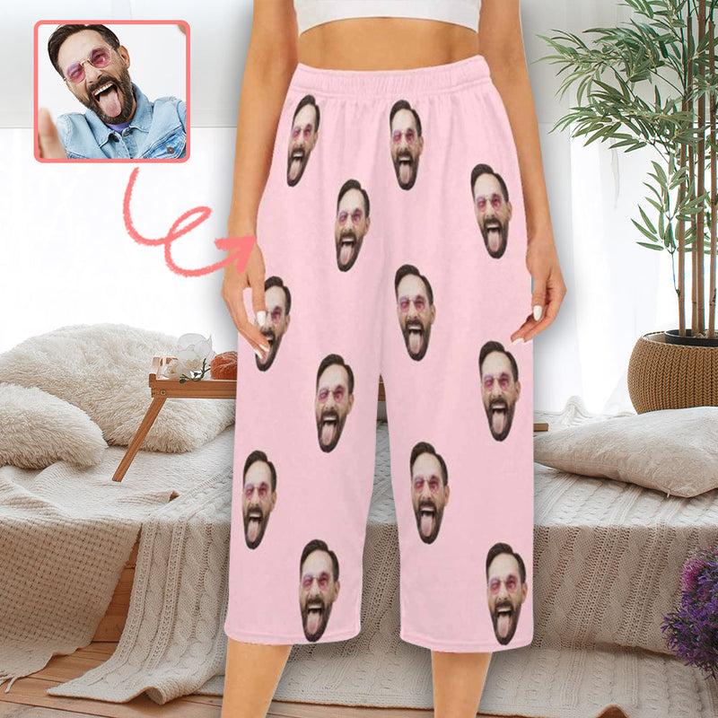 Custom Face Pink Cropped Pajama Pants Personalized Pajama Pants For Women