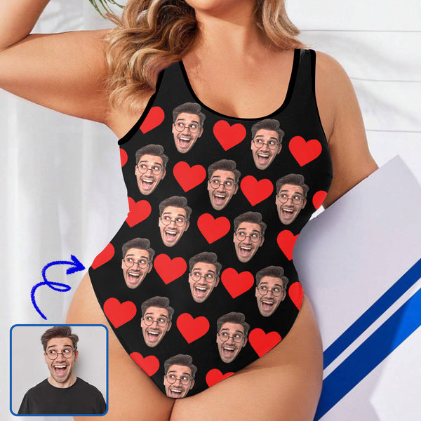 Custom Face Red Heart One Piece Swimsuit Personalized Tank Top Bathingsuit