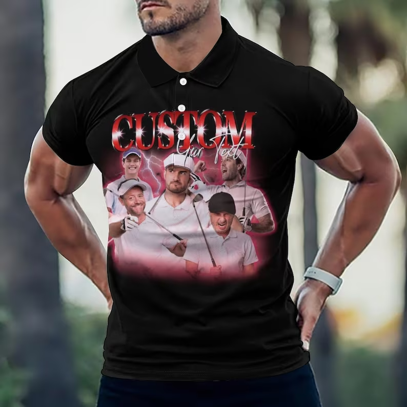 Custom Photos Text Black Polo Shirt Men Personalized Photo Black Short Sleeve Golf Shirt with Picture Printed