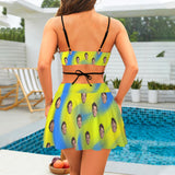 Personalized Face Swimsuit Custom Blue&Yellow Background Women's String Three-Piece Bikini Swimsuit Skirt