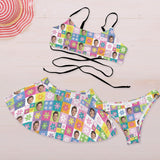 Personalized Face Swimsuit Custom Face Colorful Flowers Women's String Three-Piece Bikini Swimsuit Skirt