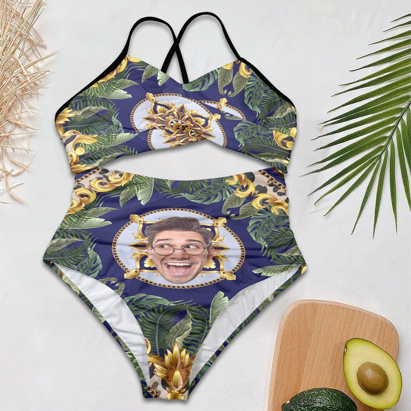 Custom Face Backless Swimsuit Personalized Face Retro Pattern Women's Front Cutout One Piece Swimsuit