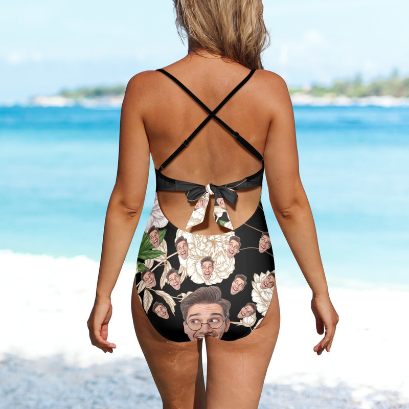 Custom Face Backless Swimsuit Personalized Face White Peony Women's Front Cutout One Piece Swimsuit