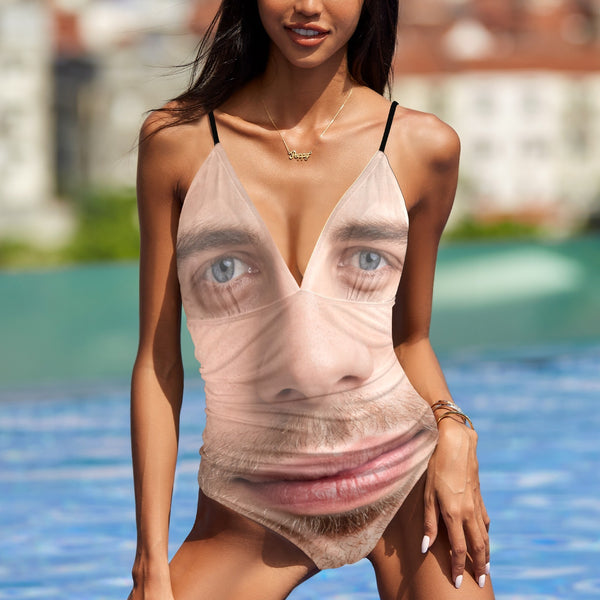 Custom Face One Piece Swimsuit Personalized Big Face Print Women's V-Neck One Piece Swimsuit Bathingsuit