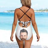 Custom Face Backless Swimsuit Personalized Face Black&White Women's Front Cutout One Piece Swimsuit