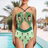 Personalized Face Women's Cutout One Piece Swimsuit Custom Face Green One Piece Bathingsuit