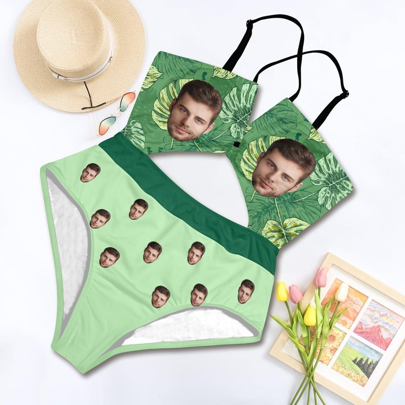 Personalized Face Women's Cutout One Piece Swimsuit Custom Face Green One Piece Bathingsuit