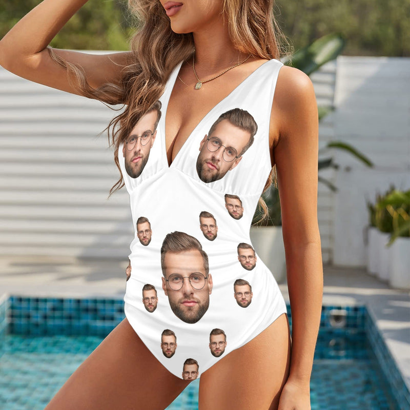 Personalized Face Deep V Neck One Piece Swimsuit Custom Different Colors Individualized Women's Cross-back One Piece Bthingsuit