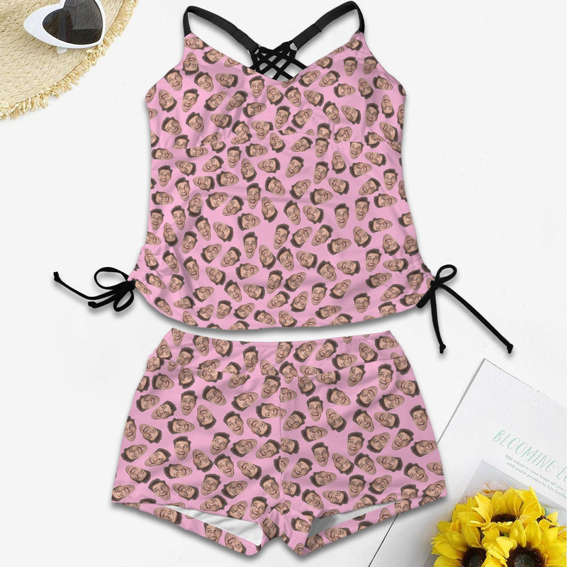 Custom Little Faces Two Piece Swimsuit Personalized Different Colors Face Women's Drawstring Cross Back Tankini Swimsuit