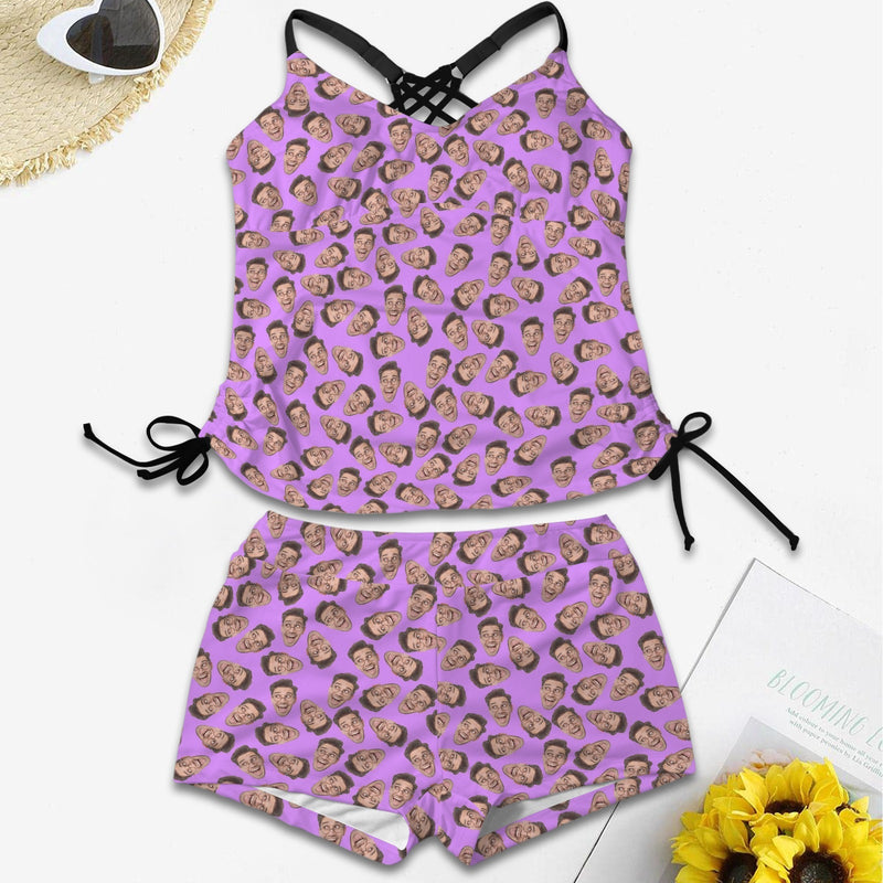 Custom Little Faces Two Piece Swimsuit Personalized Different Colors Face Women's Drawstring Cross Back Tankini Swimsuit