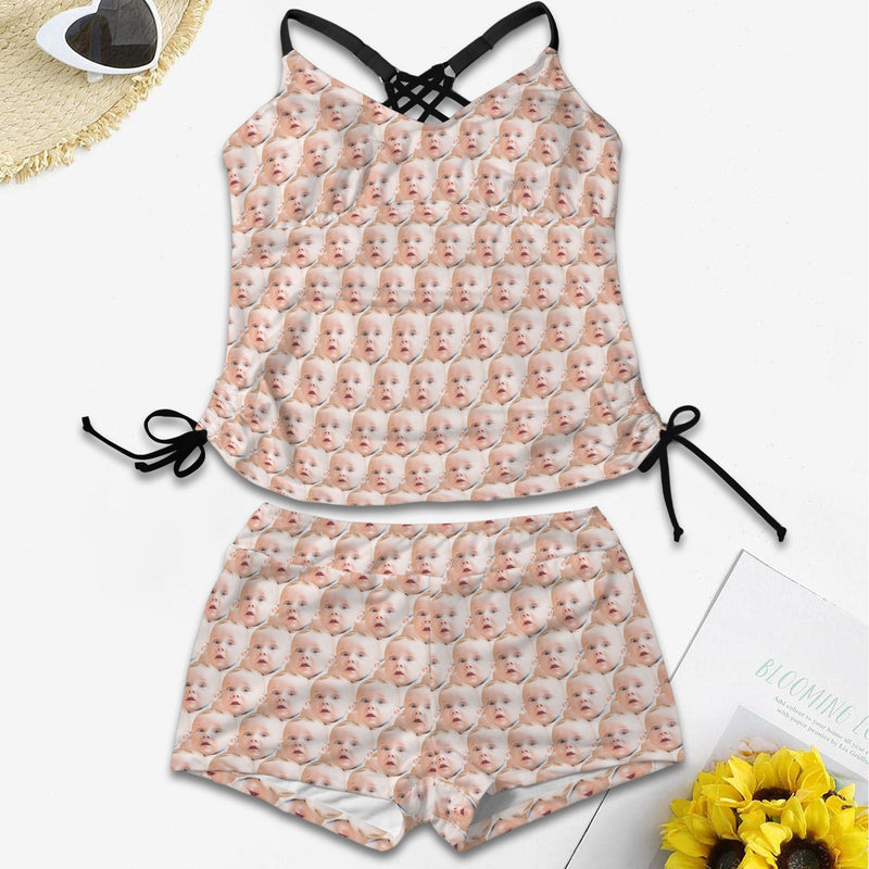 Custom Seamless Multi-Faces Two Piece Swimsuit Personalized Multi-Face Women's Drawstring Cross Back Tankini Swimsuit