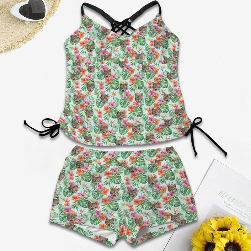 Custom Any Face Two Piece Swimsuit Personalized Face Green Leaves Pink Flower Women's Drawstring Cross Back Tankini Swimsuit