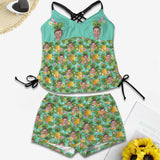 Custom Any Face Two Piece Swimsuit Personalized Face Pineapple Green Women's Drawstring Cross Back Tankini Swimsuit