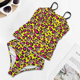 Custom Two Piece Tankini Swimsuit Personalized Face Yellow Leopard Print Women's Wrap Tankini Swimsuit Bathingsuit