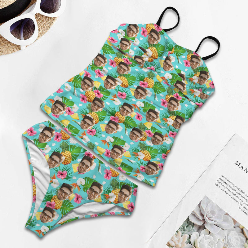 Custom Two Piece Tankini Swimsuit Personalized Face Pineapple Women's Wrap Tankini Swimsuit Bathingsuit