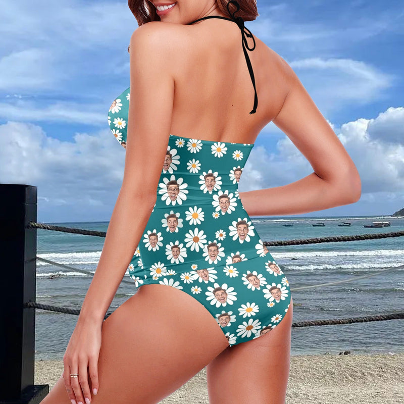 Custom Women's Halterneck Two-piece Tankini Personalized Face Daisy Green Two Piece Swimsuit