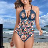 Custom Women's Halterneck Two-piece Tankini Personalized Face Flowers Blue Two Piece Swimsuit