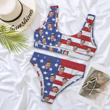 Custom Women's Wide Shoulder Straps Tank Top Bikini Set Personalizd USA Flag Face Swimsuit