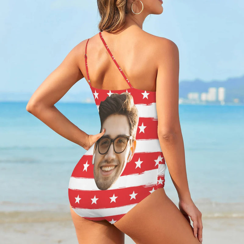 S-5XL#Custom American Flag Style Women's One Shoulder Keyhole Face One Piece Swimsuit Custom Picture Bathing Suit