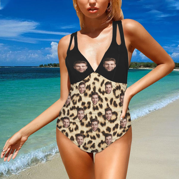 Custom Deep V Neck Cross Back Tie One Piece Swimsuit Personalized Face Black Leopard Print Bathingsuit Swimwear