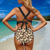 Custom Deep V Neck Cross Back Tie One Piece Swimsuit Personalized Face Black Leopard Print Bathingsuit Swimwear