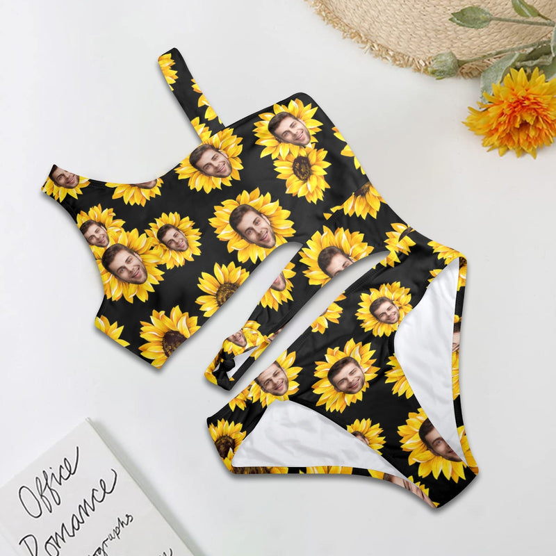 Custom Face Sunflower Women's Waist Cutout One Piece Swimsuit Personalized Photo Bathingsuit