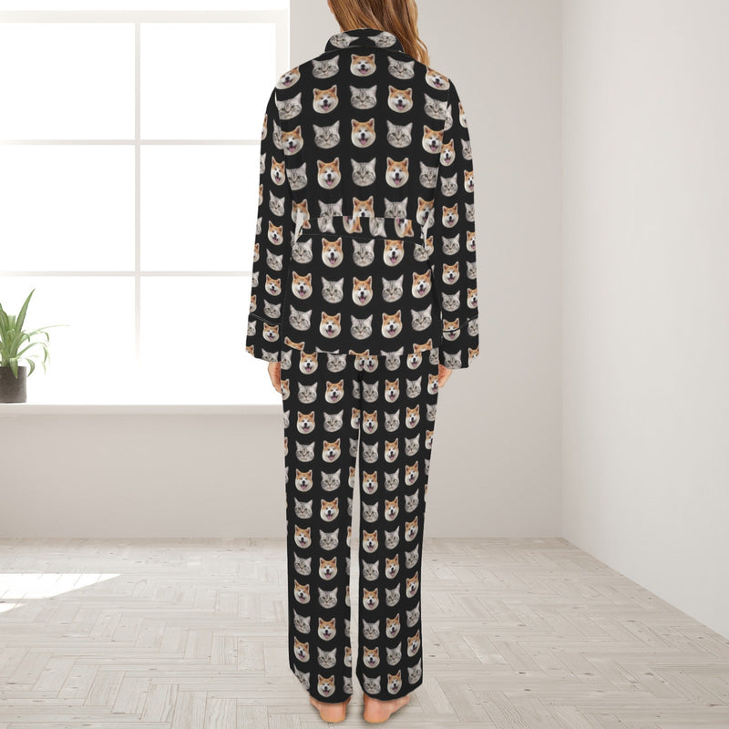 Custom Face Black Cotton Material&Plush Material Women's Tie Waist Pocket Long Pajama Sets&Slippers