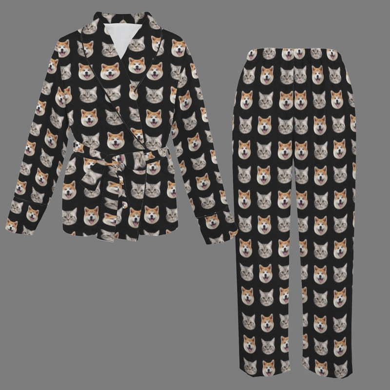 Custom Face Black Cotton Material&Plush Material Women's Tie Waist Pocket Long Pajama Sets&Slippers