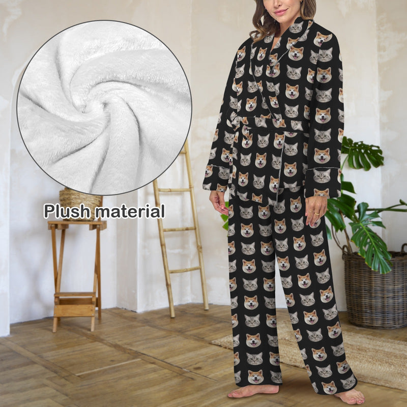 Custom Face Black Cotton Material&Plush Material Women's Tie Waist Pocket Long Pajama Sets&Slippers