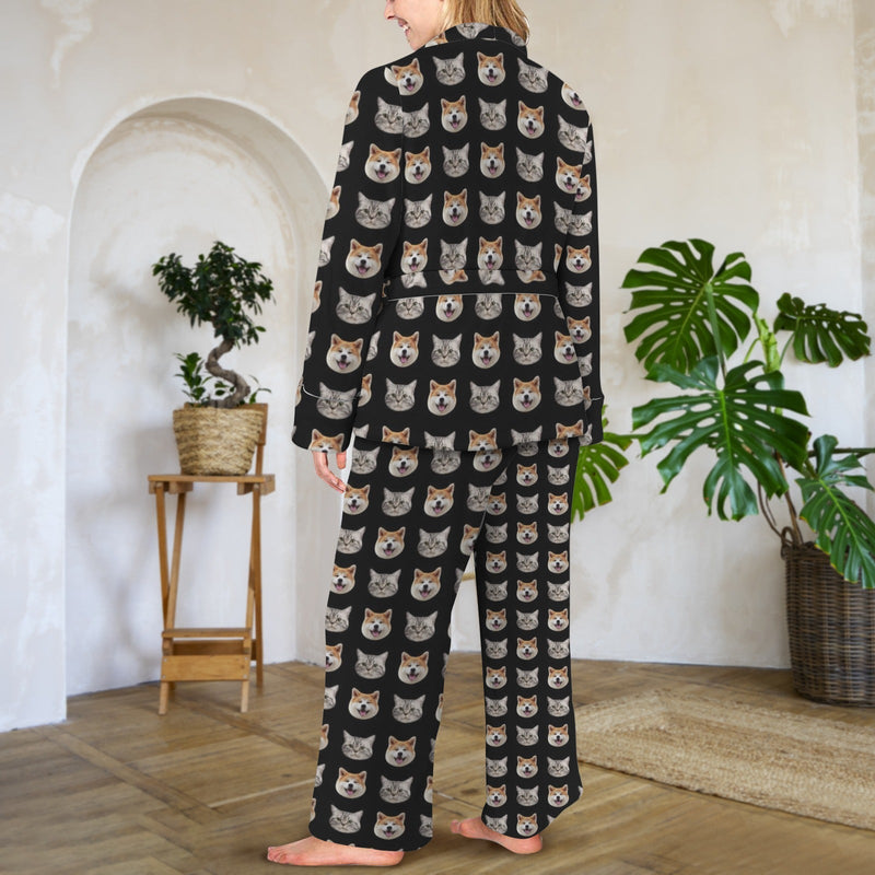 Custom Face Black Cotton Material&Plush Material Women's Tie Waist Pocket Long Pajama Sets&Slippers