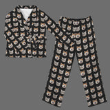 Custom Face Black Cotton Material&Plush Material Women's Tie Waist Pocket Long Pajama Sets&Slippers