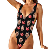 Custom Black One Piece Swimsuit Personalized Boyfriend Face&Red Heart Bathingsuit For Women