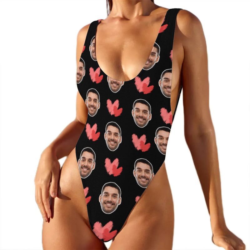 Custom Black One Piece Swimsuit Personalized Boyfriend Face&Red Heart Bathingsuit For Women